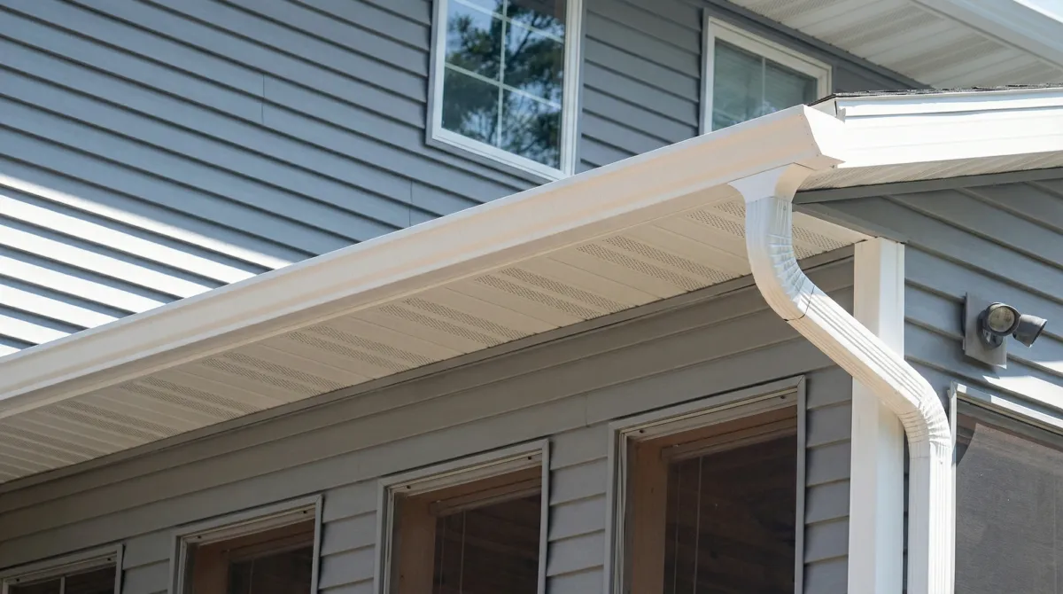 Professional home remodeling project showing newly installed white seamless gutters and downspouts on a house with gray siding in Cape Coral, FL