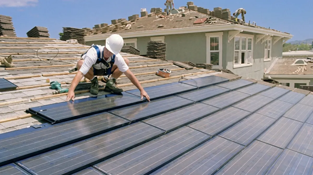 Roof replacement expert installing modern solar shingles on a residential home in Cape Coral, FL