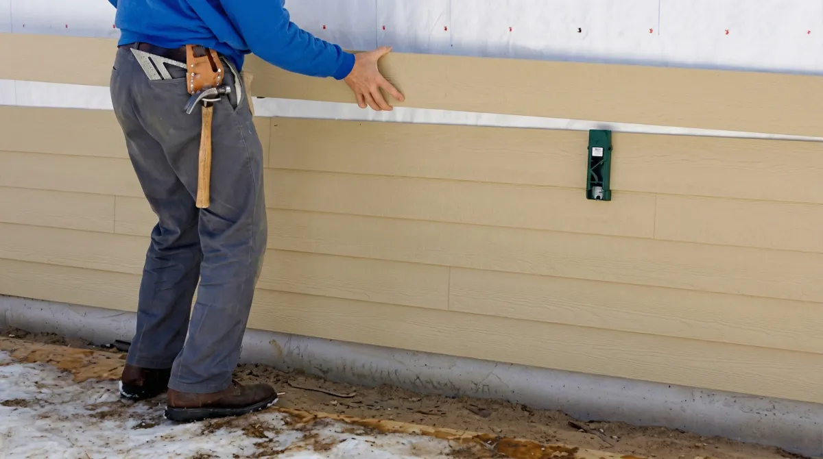 Siding replacement expert carefully aligning a new tan siding panel onto a residential exterior wall in Cape Coral, FL