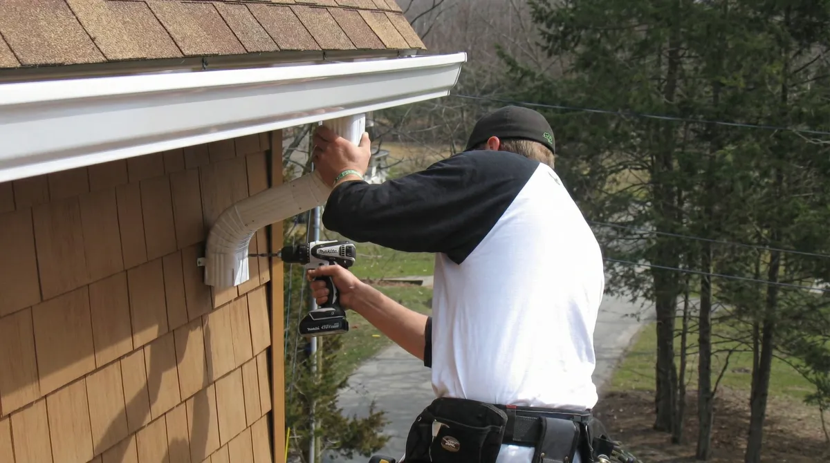 Professional contractor installing tan vinyl siding panels on a residential home exterior in Cape Coral, FL