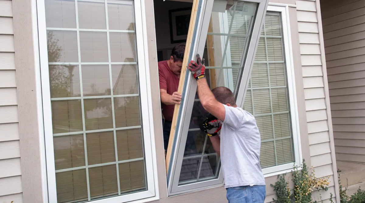 Professional home remodeling team installing a large replacement window on a house with tan siding in Cape Coral, FL